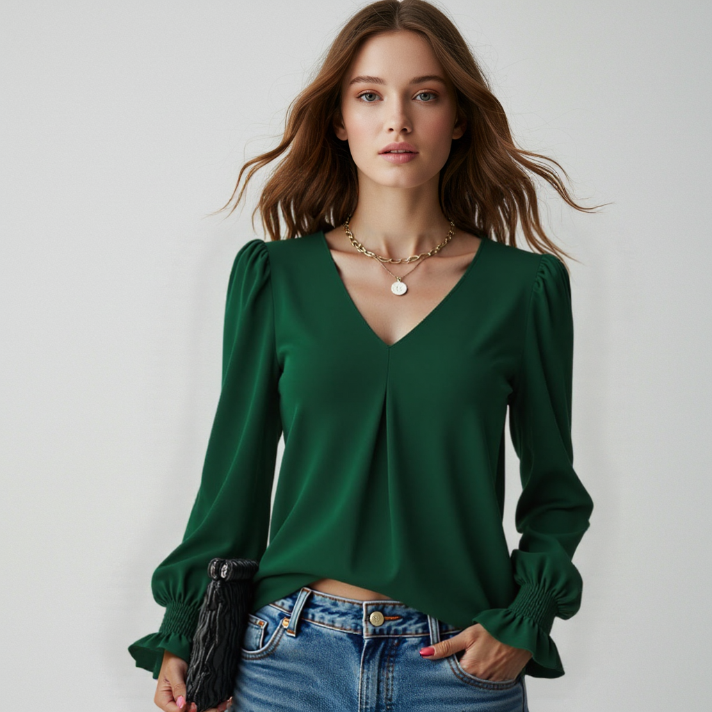 Blusa con cuello en V y mangas largas abullonadas: estilo elegante para la oficina. 1