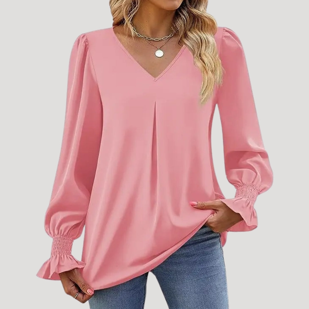 Blusa con cuello en V y mangas largas abullonadas: estilo elegante para la oficina. 10