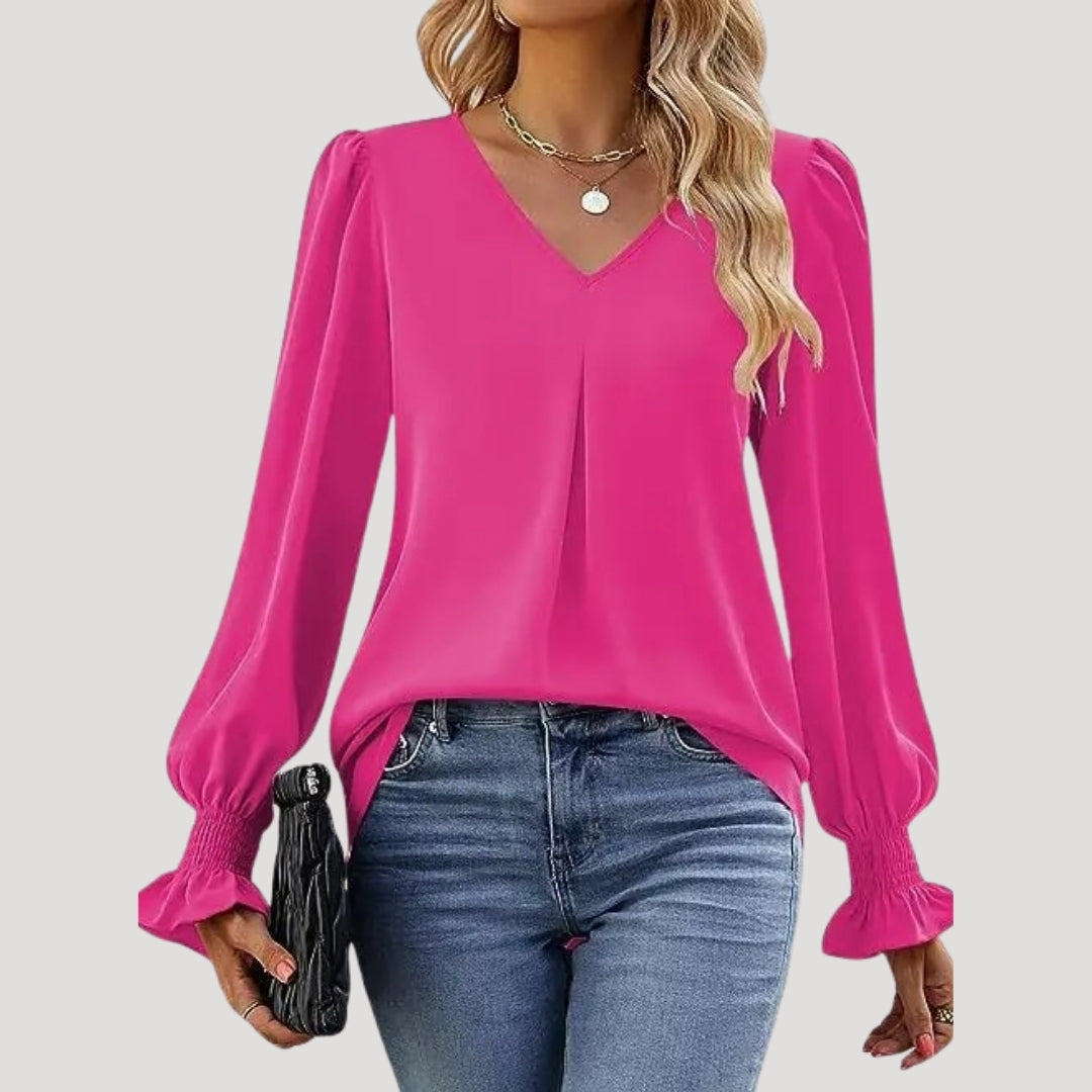 Blusa con cuello en V y mangas largas abullonadas: estilo elegante para la oficina. 14