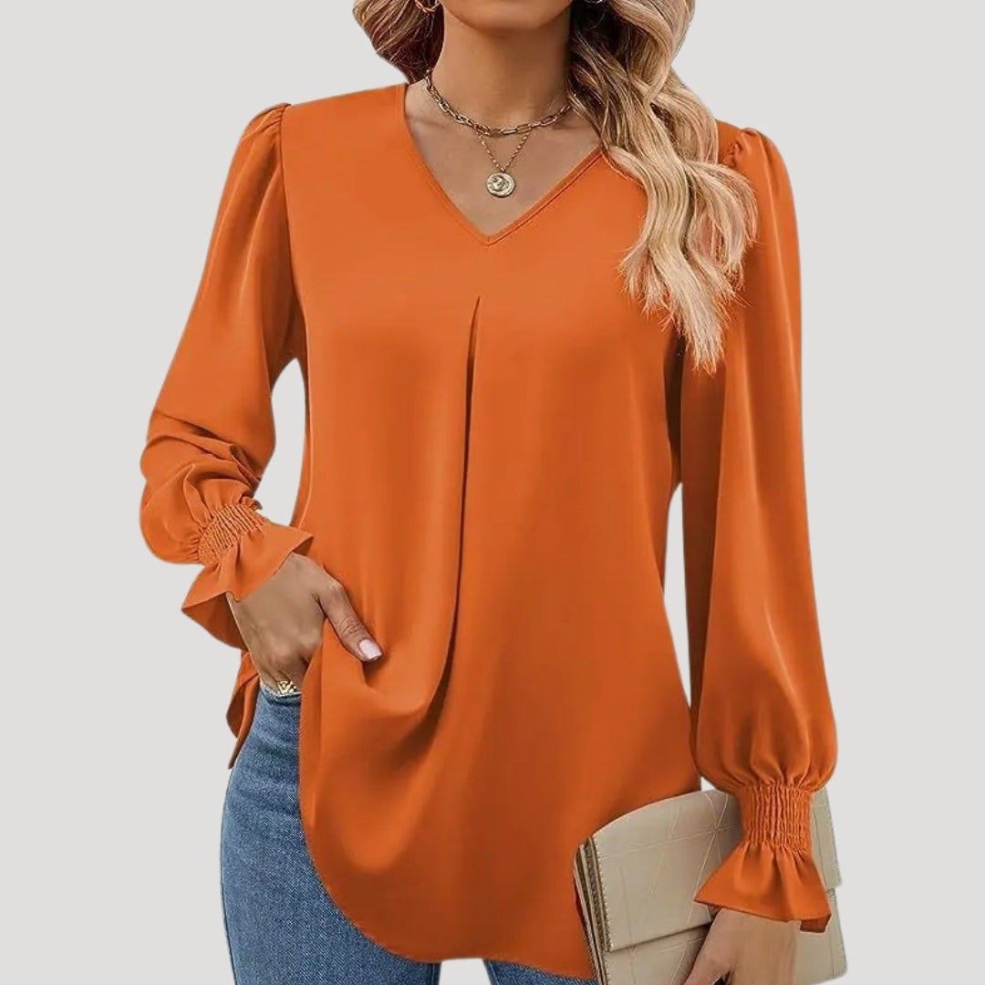 Blusa con cuello en V y mangas largas abullonadas: estilo elegante para la oficina. 15