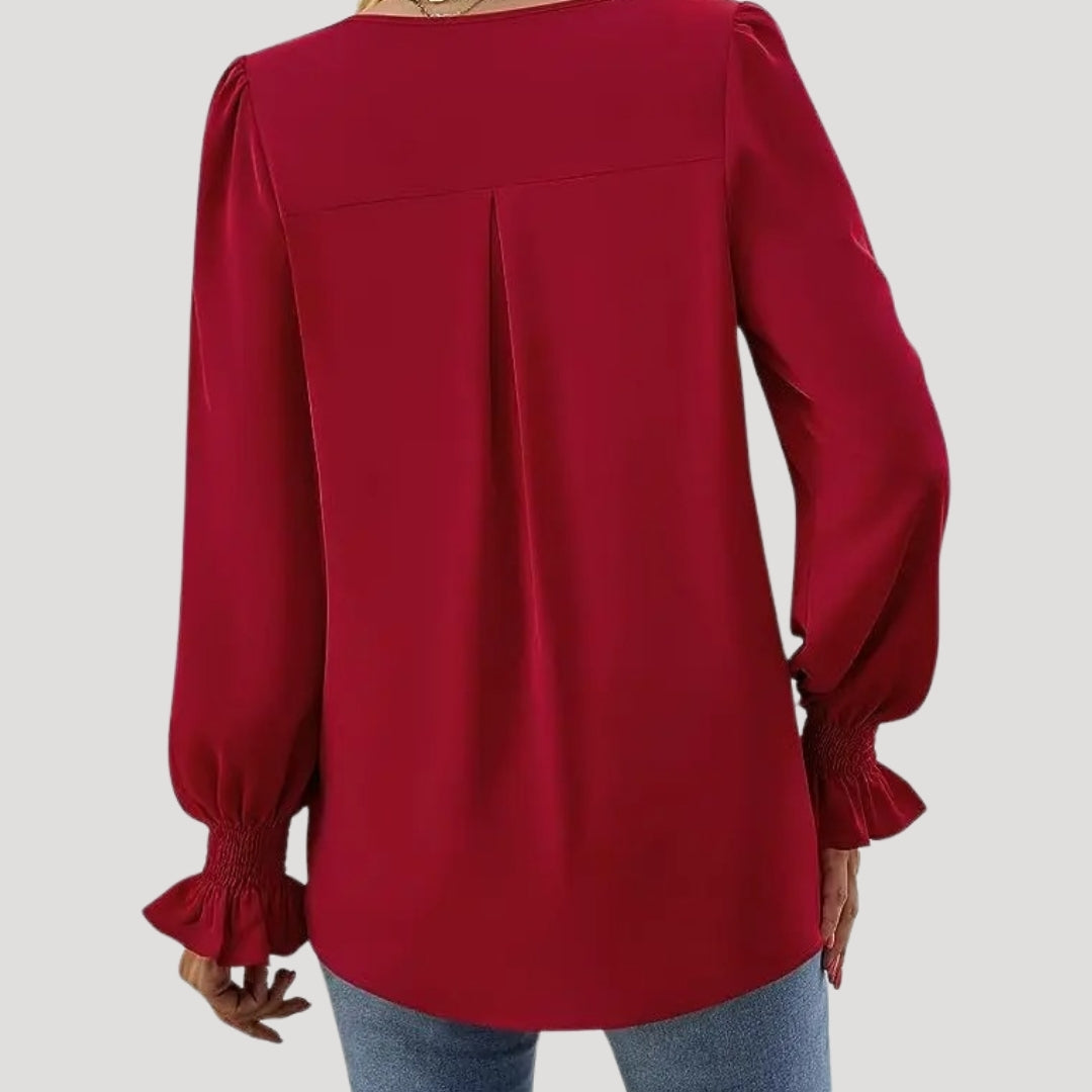 Blusa con cuello en V y mangas largas abullonadas: estilo elegante para la oficina. 3