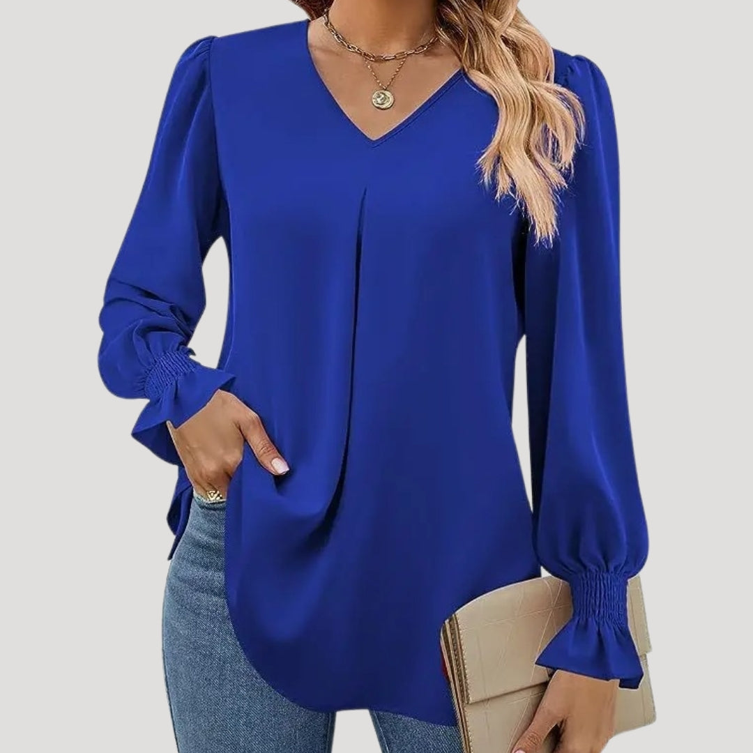 Blusa con cuello en V y mangas largas abullonadas: estilo elegante para la oficina. 8
