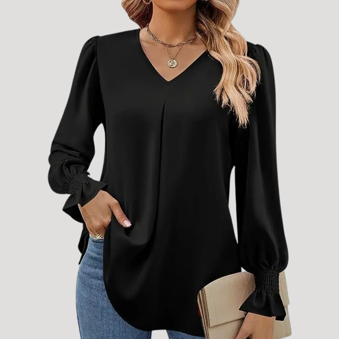 Blusa con cuello en V y mangas largas abullonadas: estilo elegante para la oficina. 9