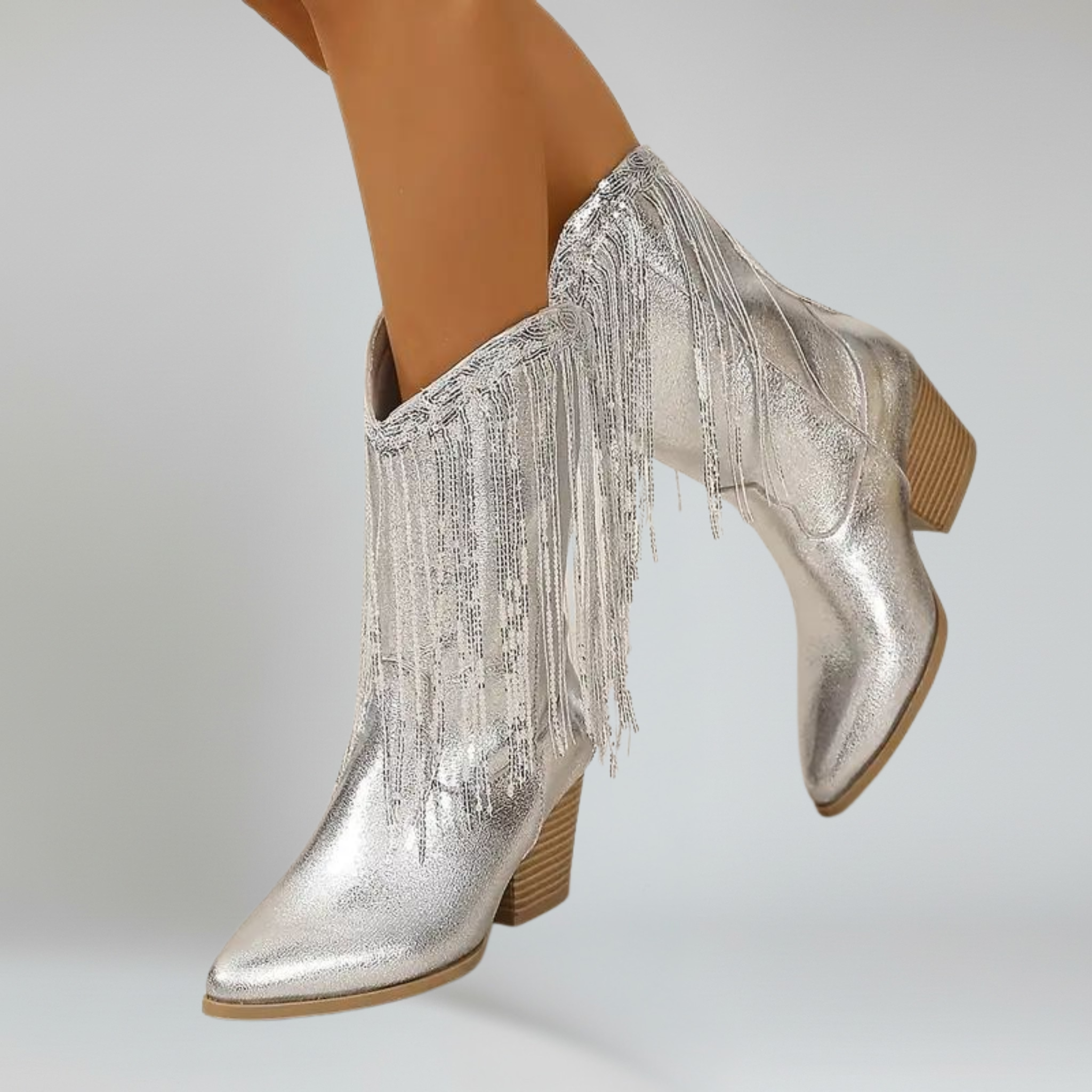 Botas de media caña para mujer – Punta puntiaguda – Tacón grueso – Acabado con lentejuelas – Detalle de flecos 0