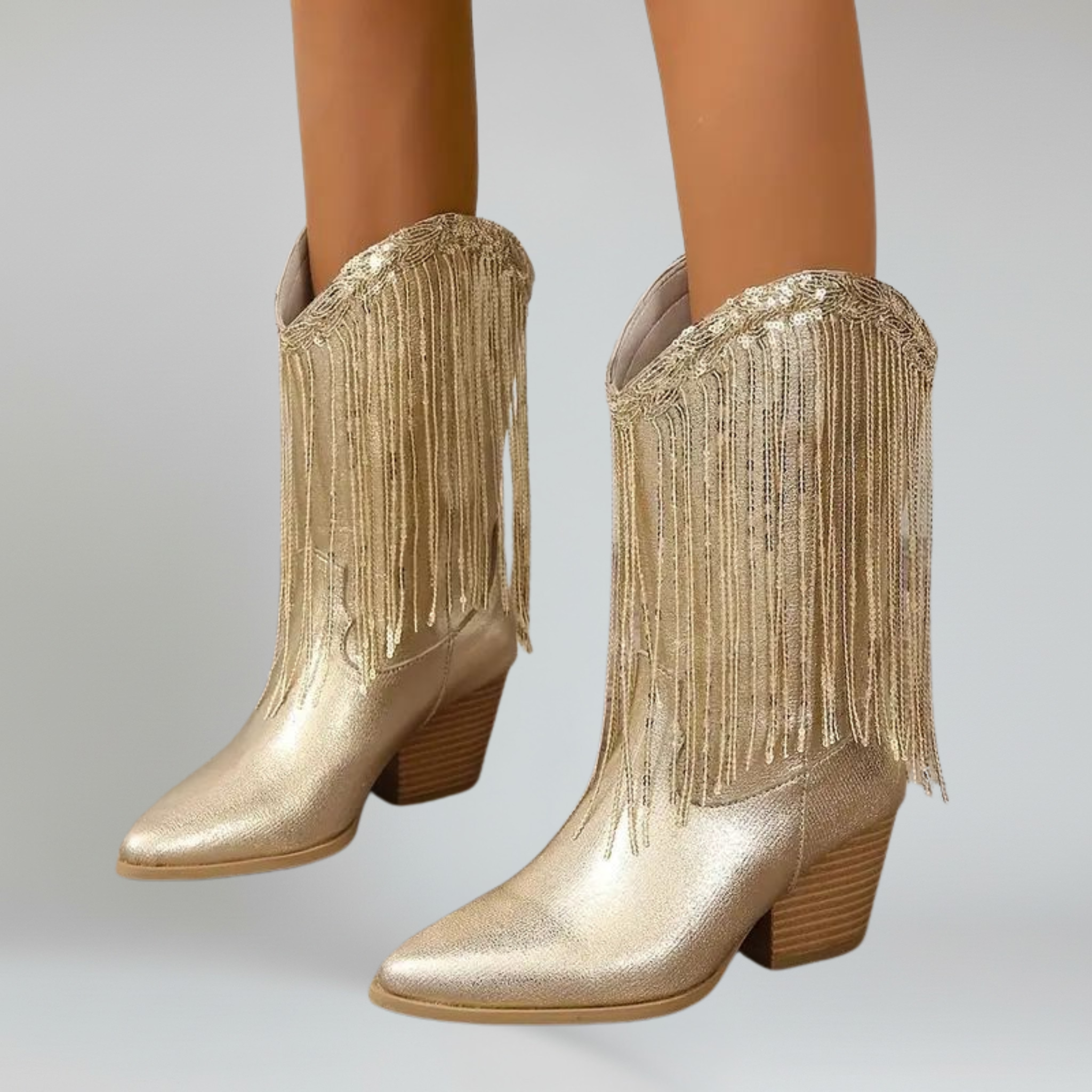 Botas de media caña para mujer – Punta puntiaguda – Tacón grueso – Acabado con lentejuelas – Detalle de flecos 1