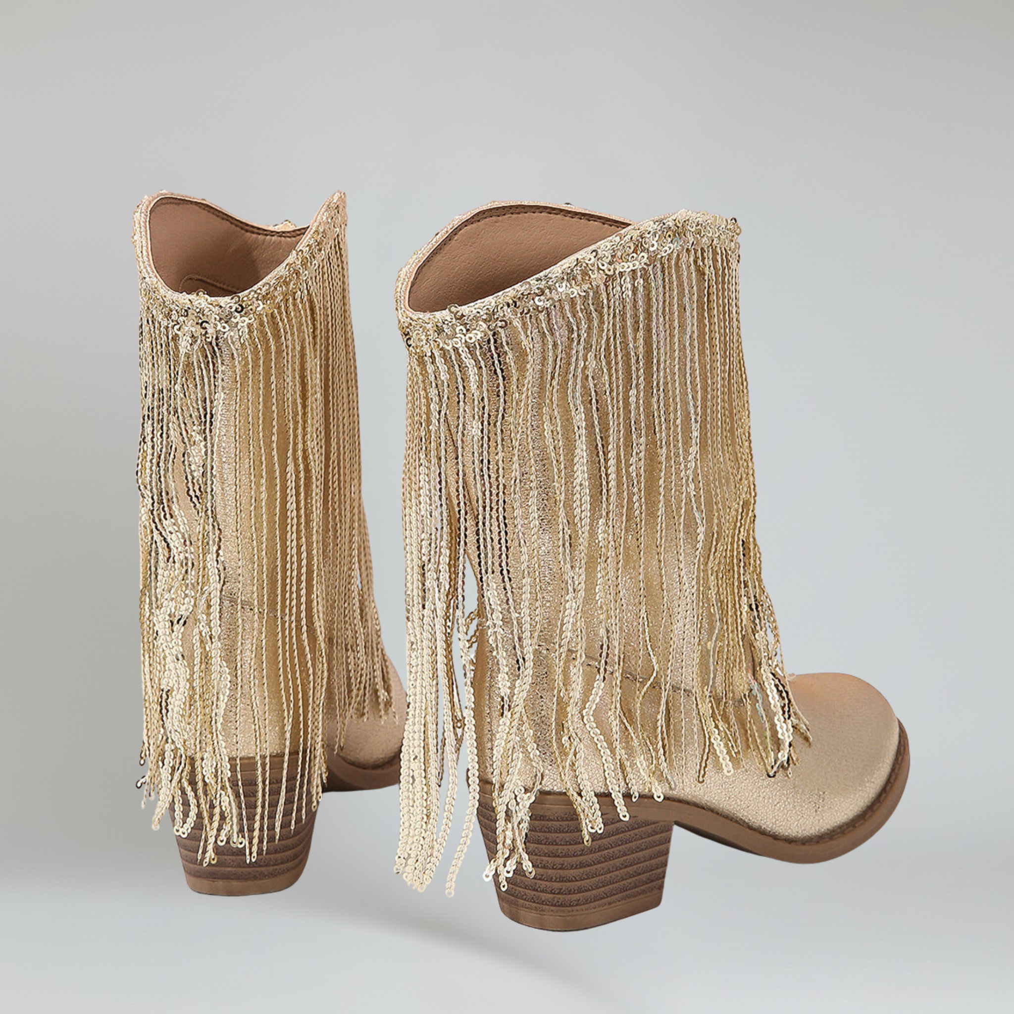 Botas de media caña para mujer – Punta puntiaguda – Tacón grueso – Acabado con lentejuelas – Detalle de flecos 2