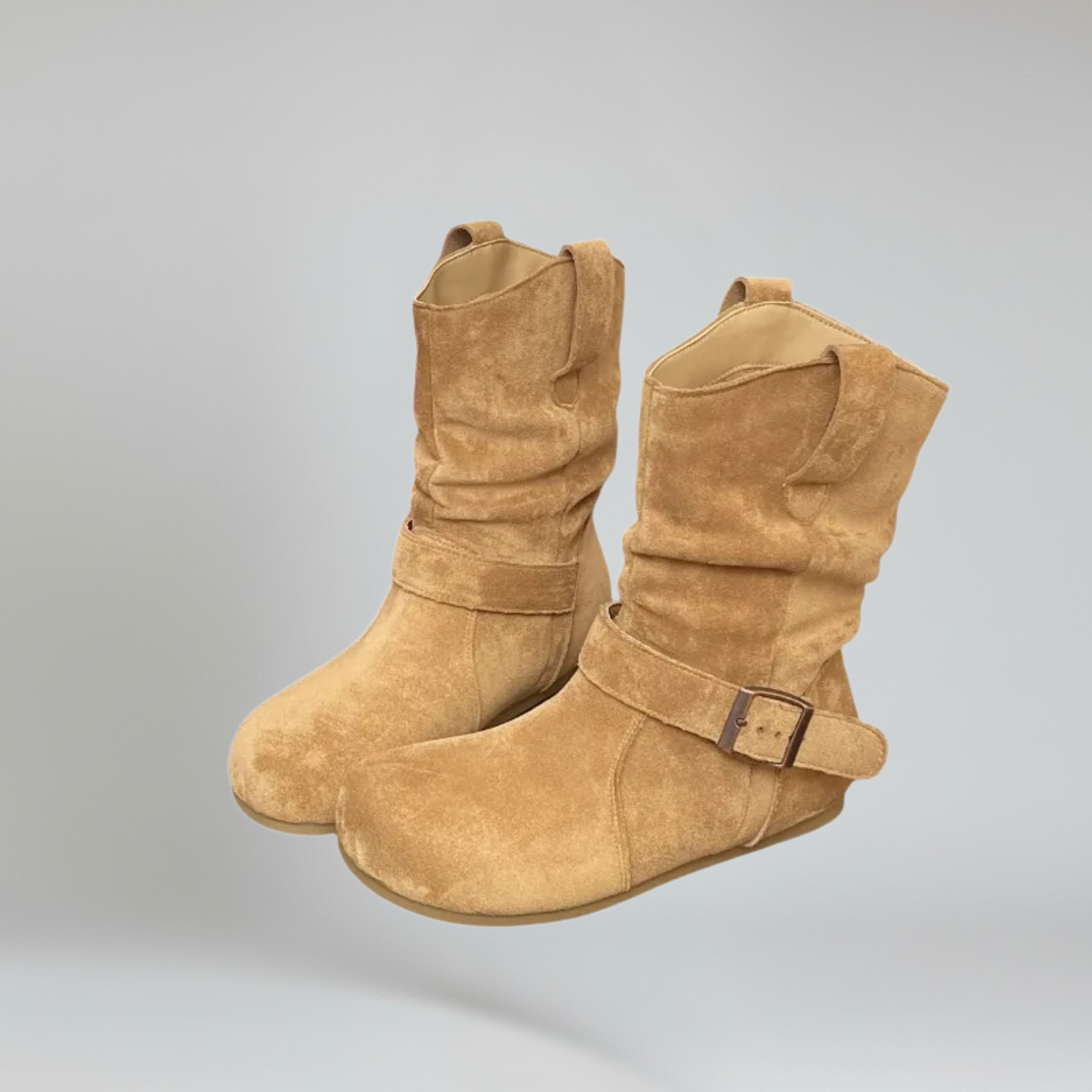 Botas planas para mujer color piel, talla grande, sintéticas, diseño plisado. 2