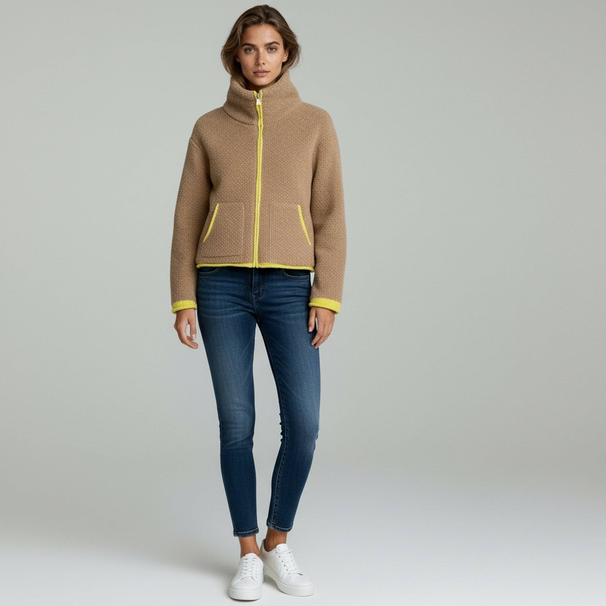 Chaqueta bomber de punto – Diseño de bloques de color – Estilo casual de capas 0