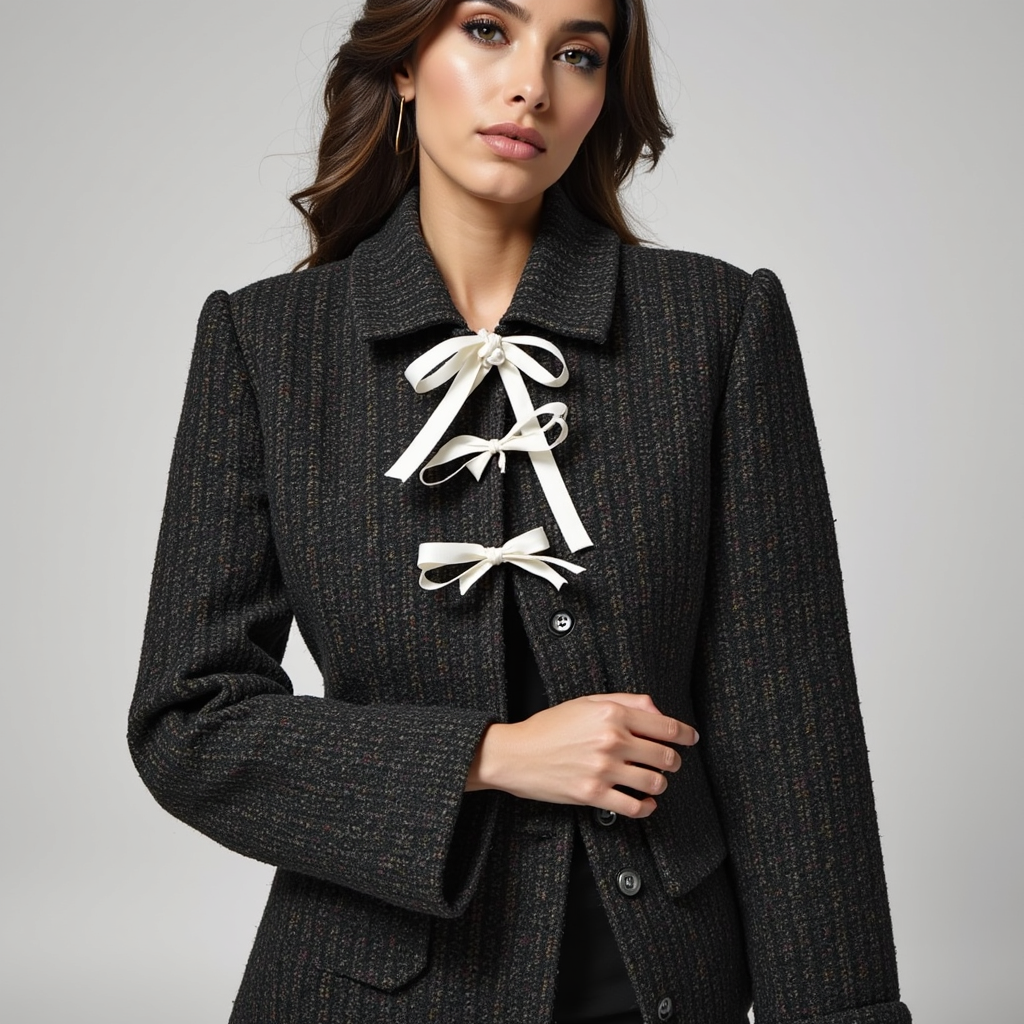 Chaqueta de tweed con lazo delantero y estilo elegante y corto 1