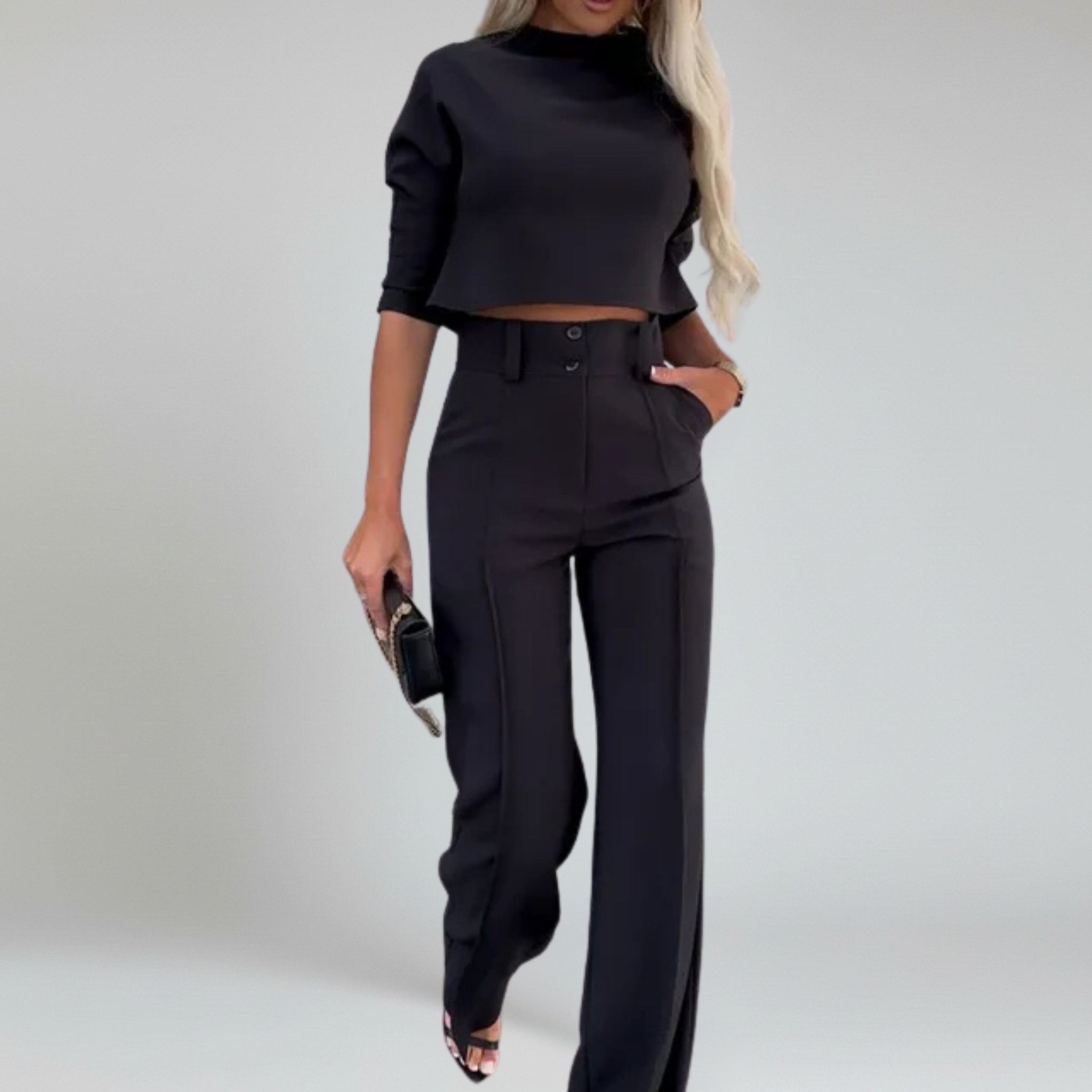 Conjunto de dos piezas: top corto de manga larga y pantalón a medida: look elegante para la oficina 0