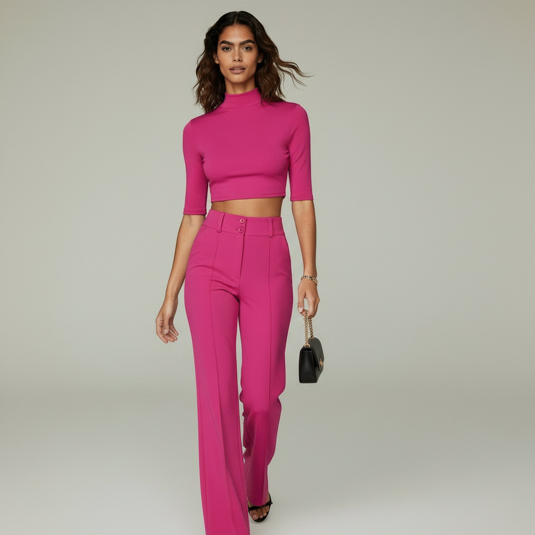 Conjunto de dos piezas: top corto de manga larga y pantalón a medida: look elegante para la oficina 1