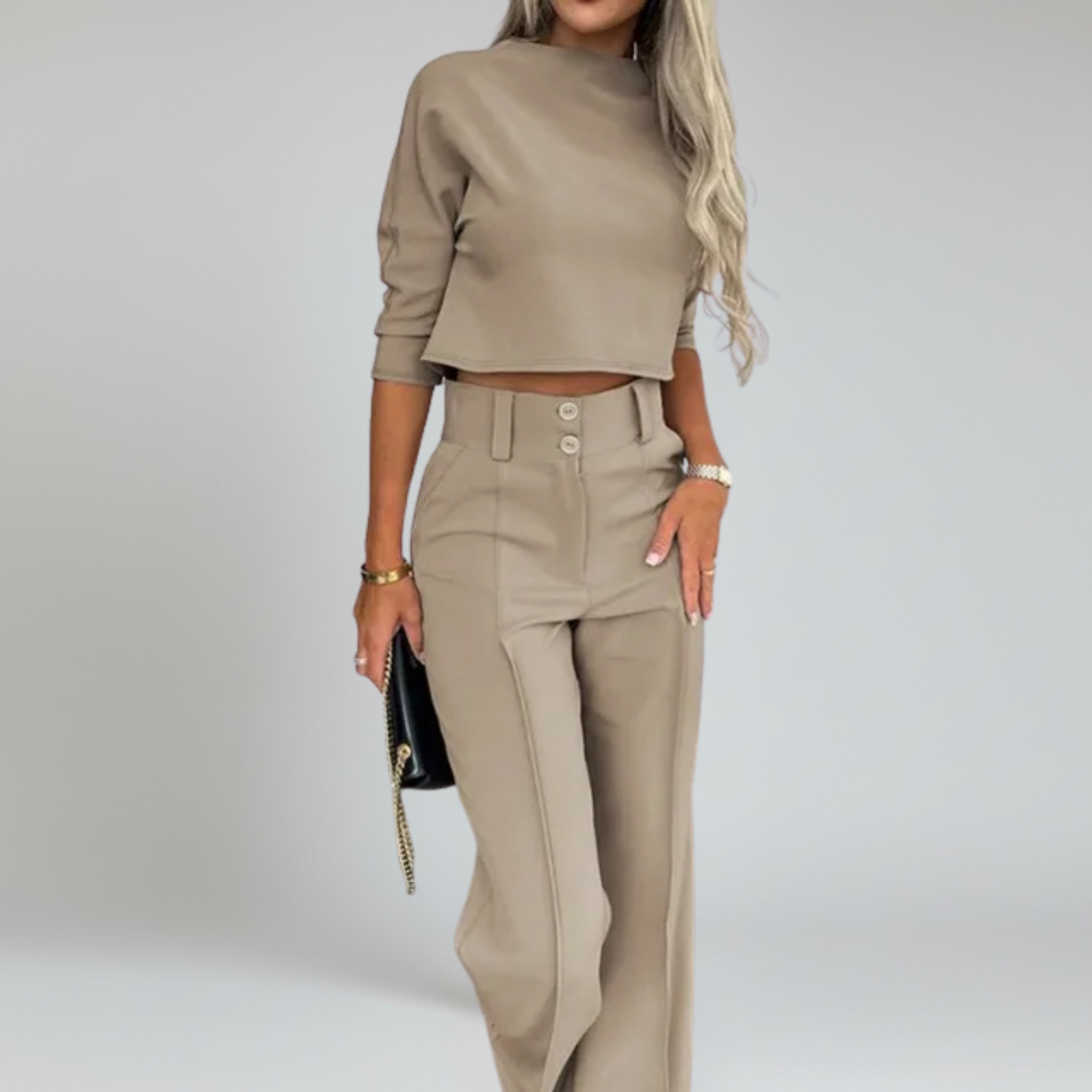 Conjunto de dos piezas: top corto de manga larga y pantalón a medida: look elegante para la oficina 2