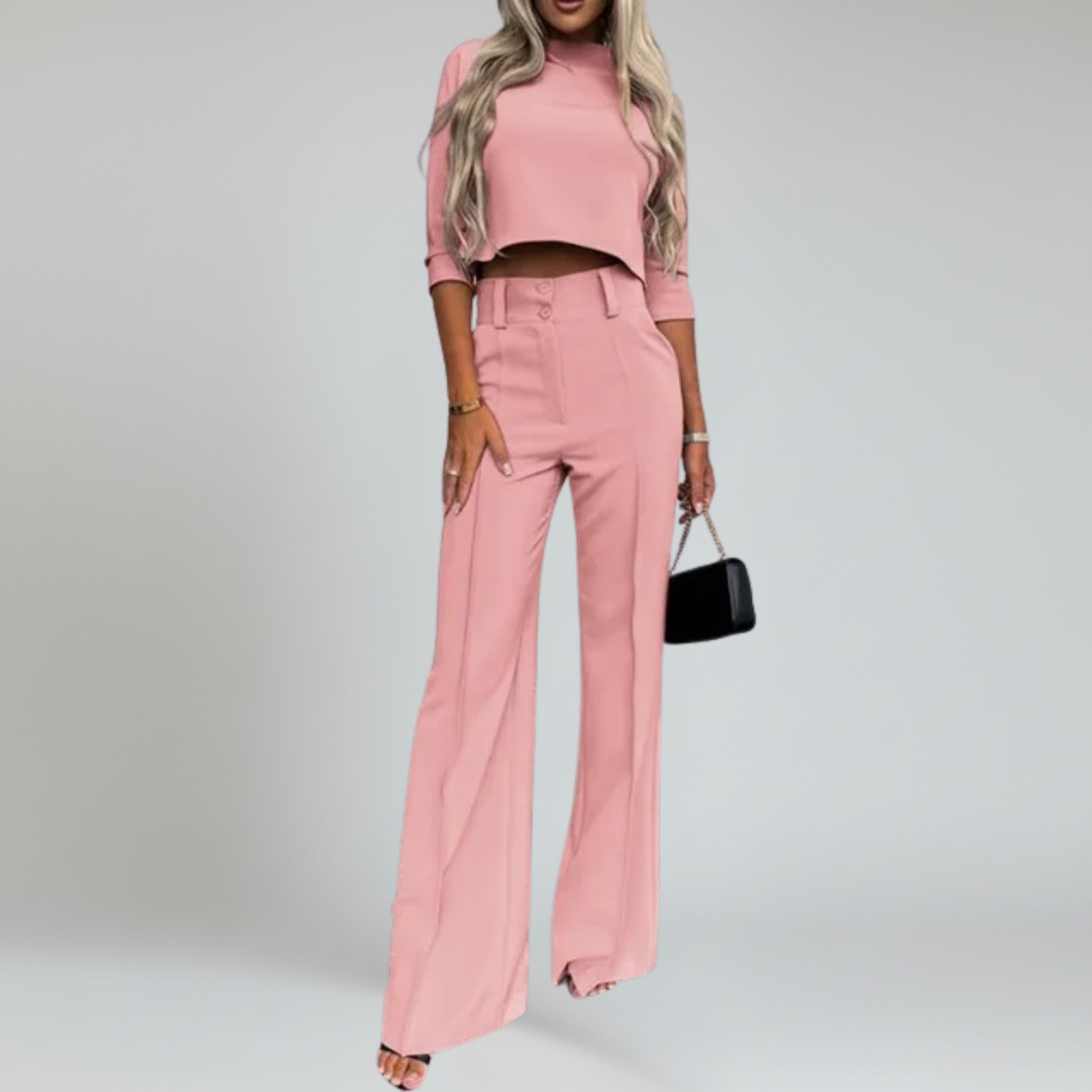 Conjunto de dos piezas: top corto de manga larga y pantalón a medida: look elegante para la oficina 3