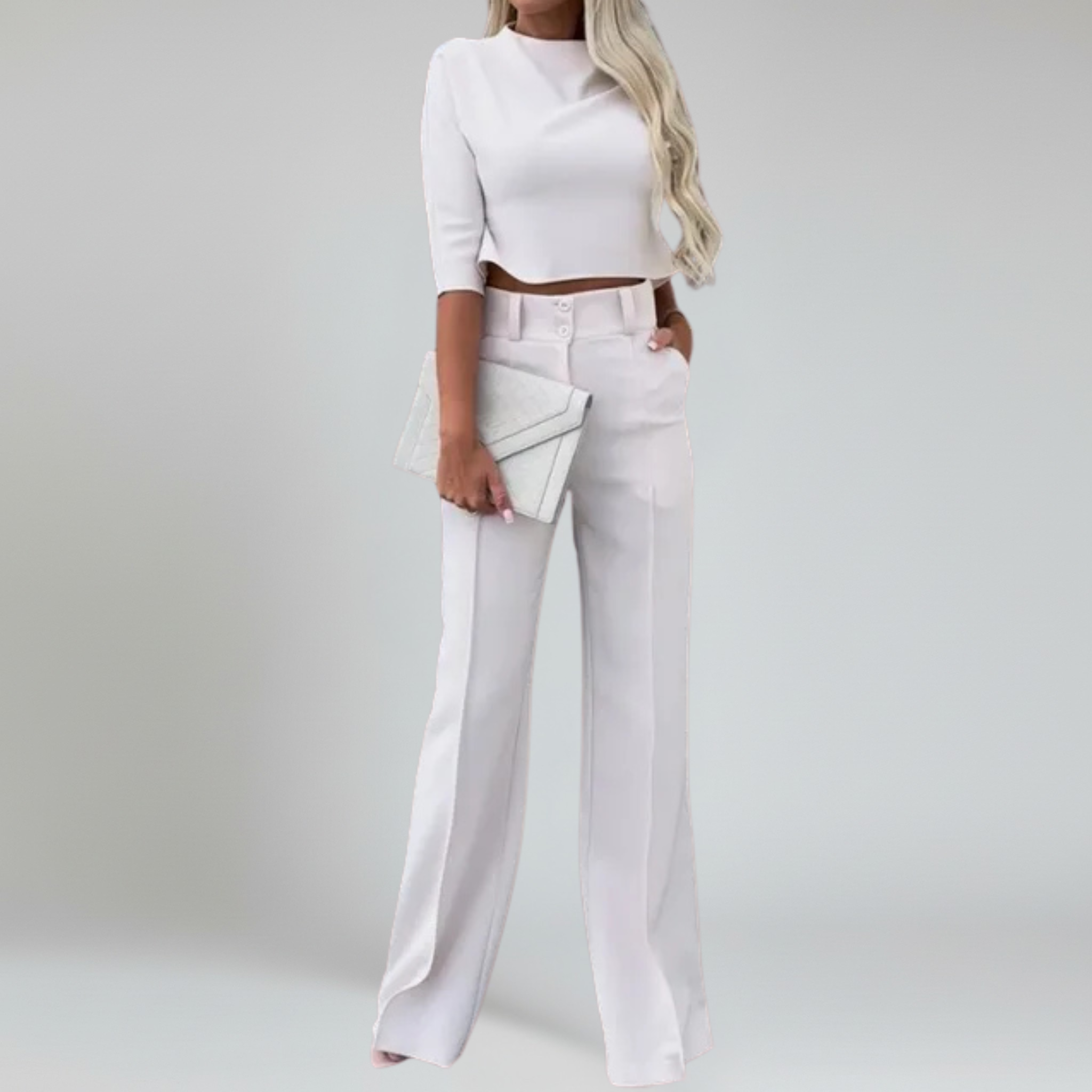 Conjunto de dos piezas: top corto de manga larga y pantalón a medida: look elegante para la oficina 7