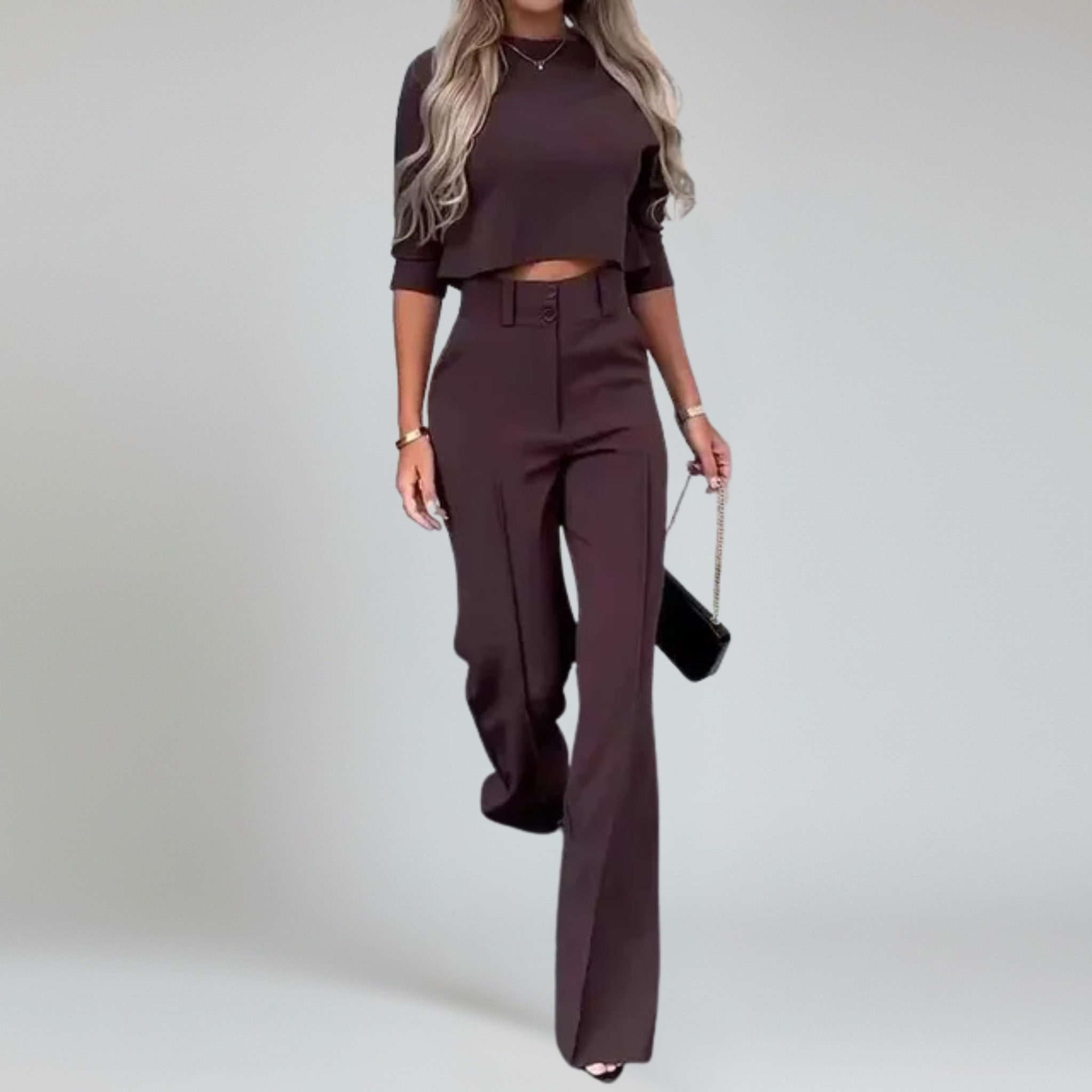 Conjunto de dos piezas: top corto de manga larga y pantalón a medida: look elegante para la oficina 8