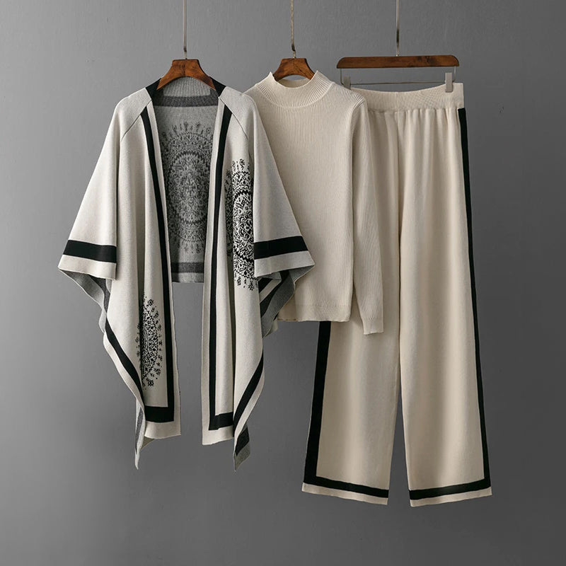 Conjunto de punto de 3 piezas – Tejido acanalado suave – Elegancia informal para estar en casa 0