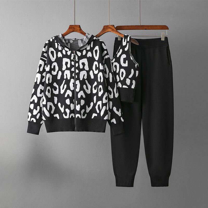 Conjunto de ropa de estar por casa: sudadera con capucha y estampado de leopardo, estilo de punto de 3 piezas 4
