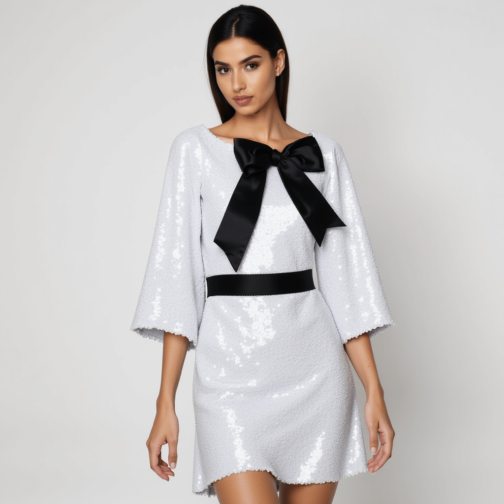 Minivestido de lentejuelas con detalle de lazo de satén: ¡una declaración de estilo para fiestas glamurosas! 1