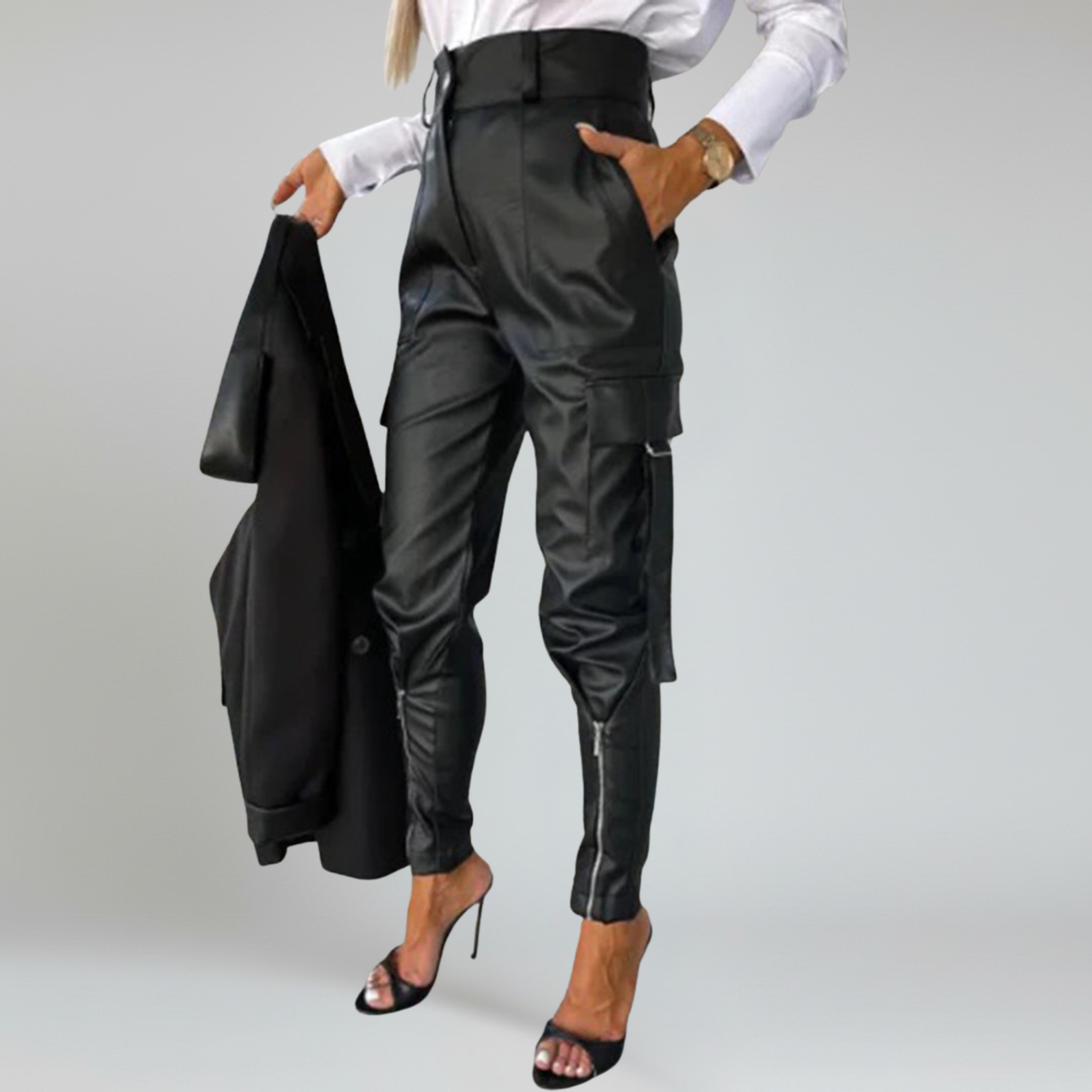 Pantalones cargo de piel sintética con cintura alta y estilo chic 0