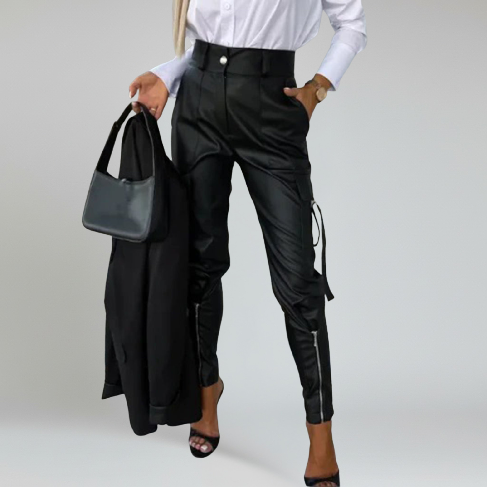 Pantalones cargo de piel sintética con cintura alta y estilo chic 3