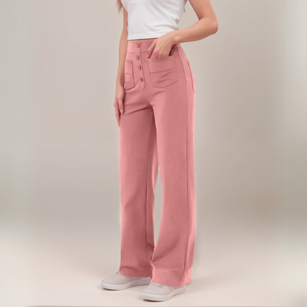 Pantalones de cintura alta con botones delanteros en rosa suave. Estilo casual. 3