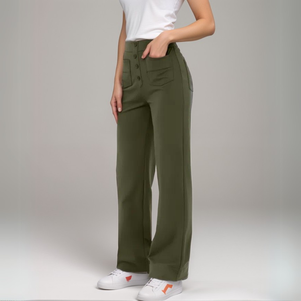 Pantalones de cintura alta con botones delanteros y ajuste cómodo y elástico 14