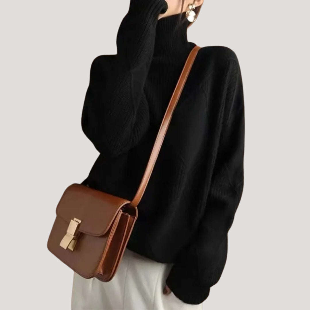 Suéter de cuello alto – Punto mostaza – Patrón de trenzas de rombos 7