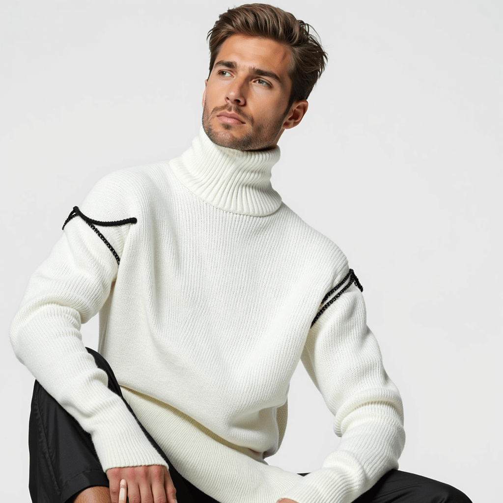 Suéter de cuello alto para hombre, de punto acanalado, blanco con detalle en contraste 1
