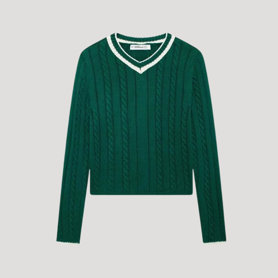 Suéter de cuello en V – Punto trenzado – Look deportivo y chic de invierno 2