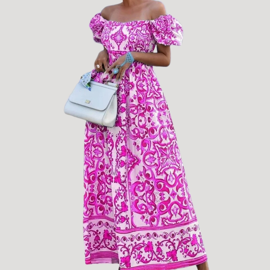 Vestido largo con hombros descubiertos y mangas abullonadas: un estilo veraniego sin esfuerzo 4