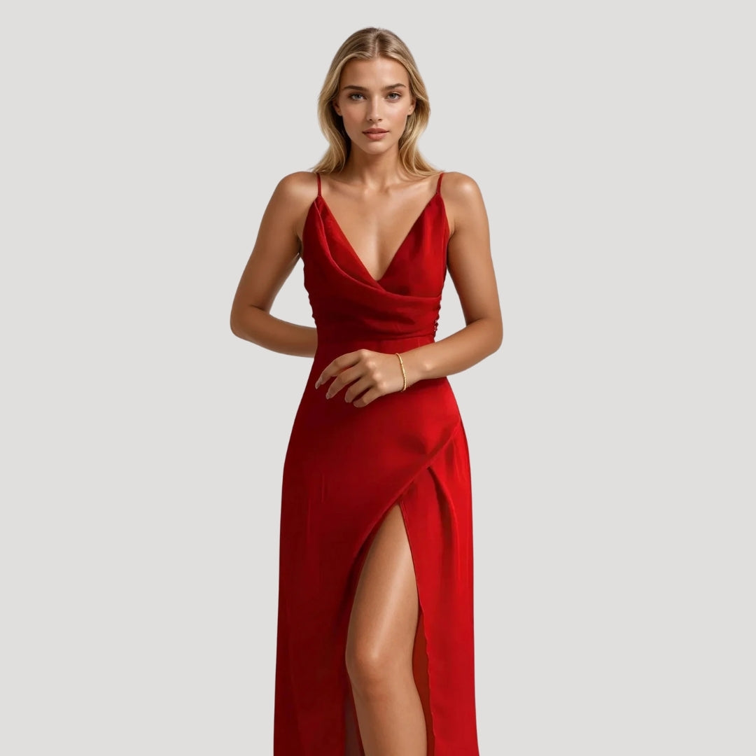 Vestido largo de satén con escote vuelto para eventos de noche elegantes 0