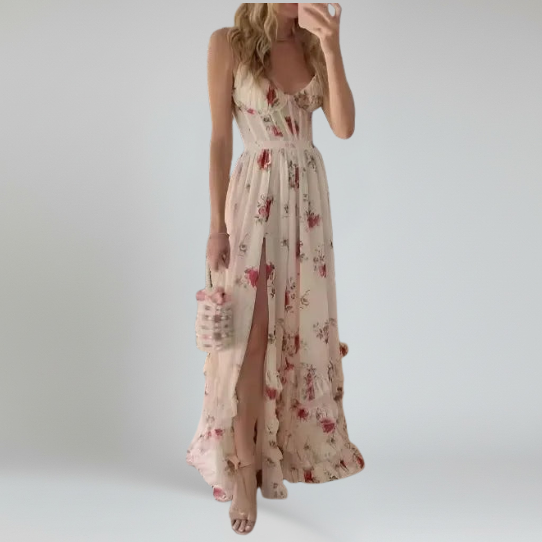 Vestido largo floral con volantes y abertura alta: perfecto para salidas de verano 0