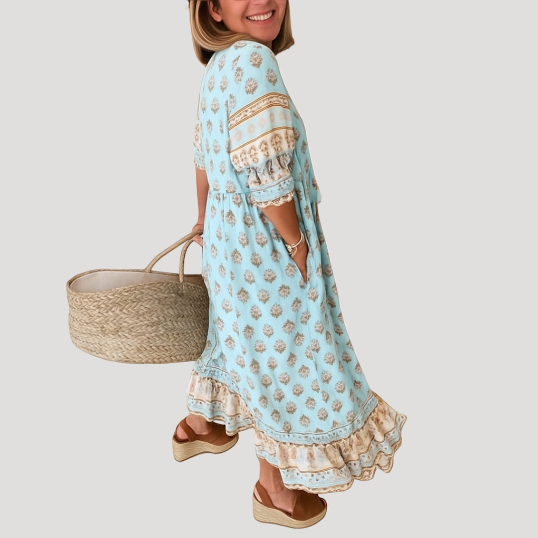 Vestido midi de mujer estilo boho playero con bolsillos 1
